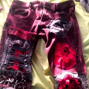 Custom punk rock Red acid wash skinny jeans